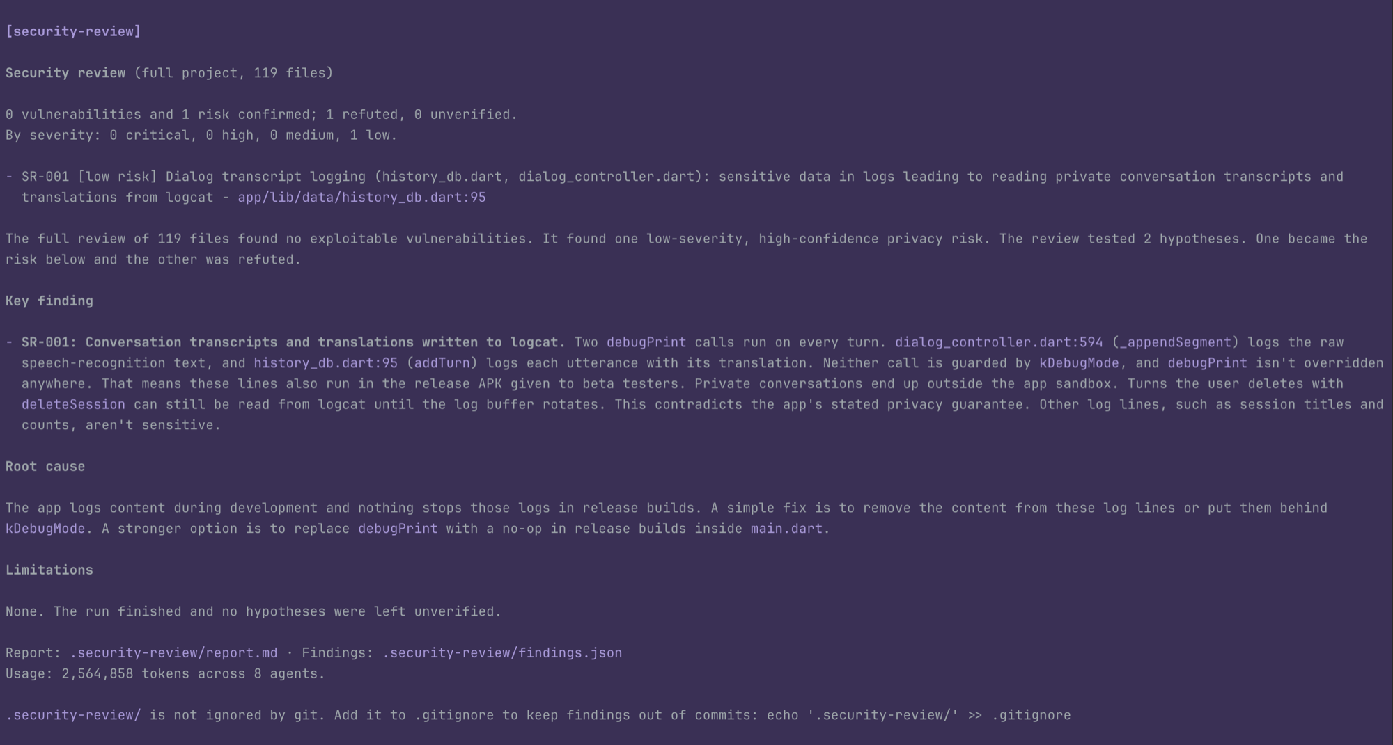 Security review summary posted into a pi session after a run