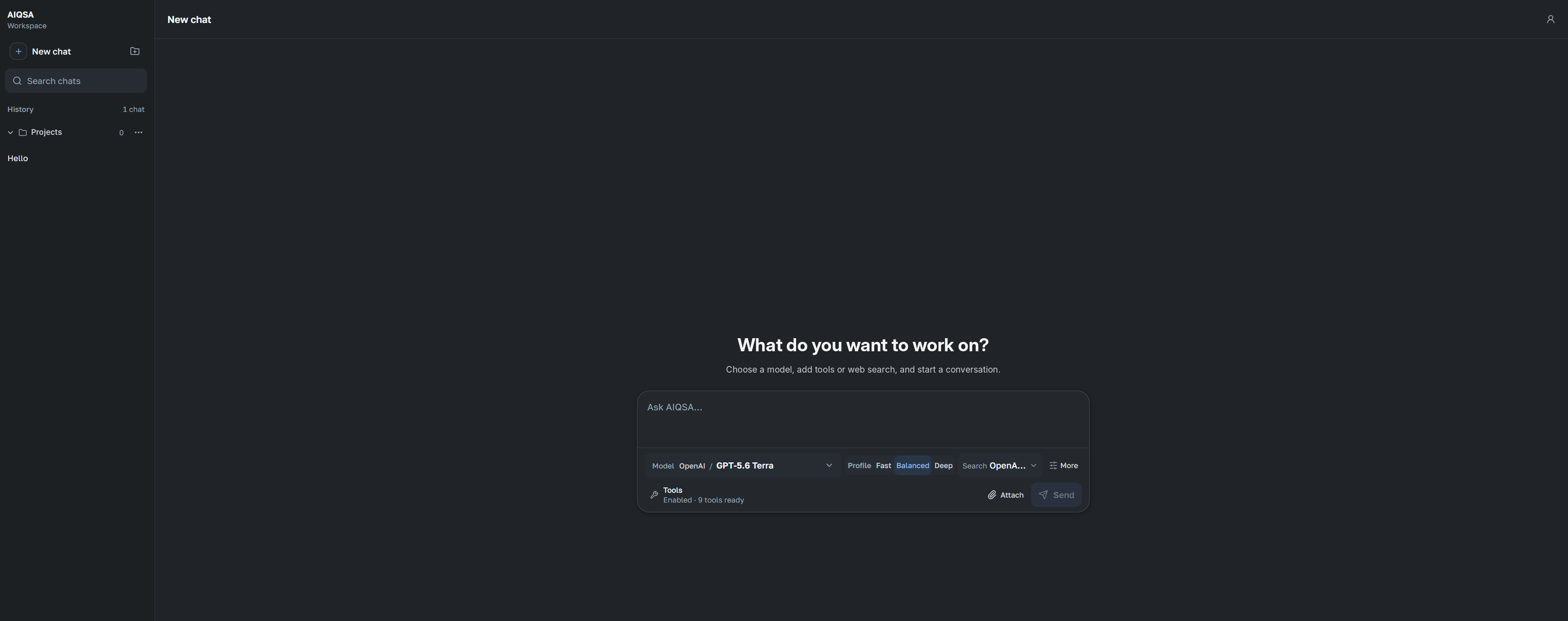 AIQSA chat workspace with model, search, tool, and attachment controls