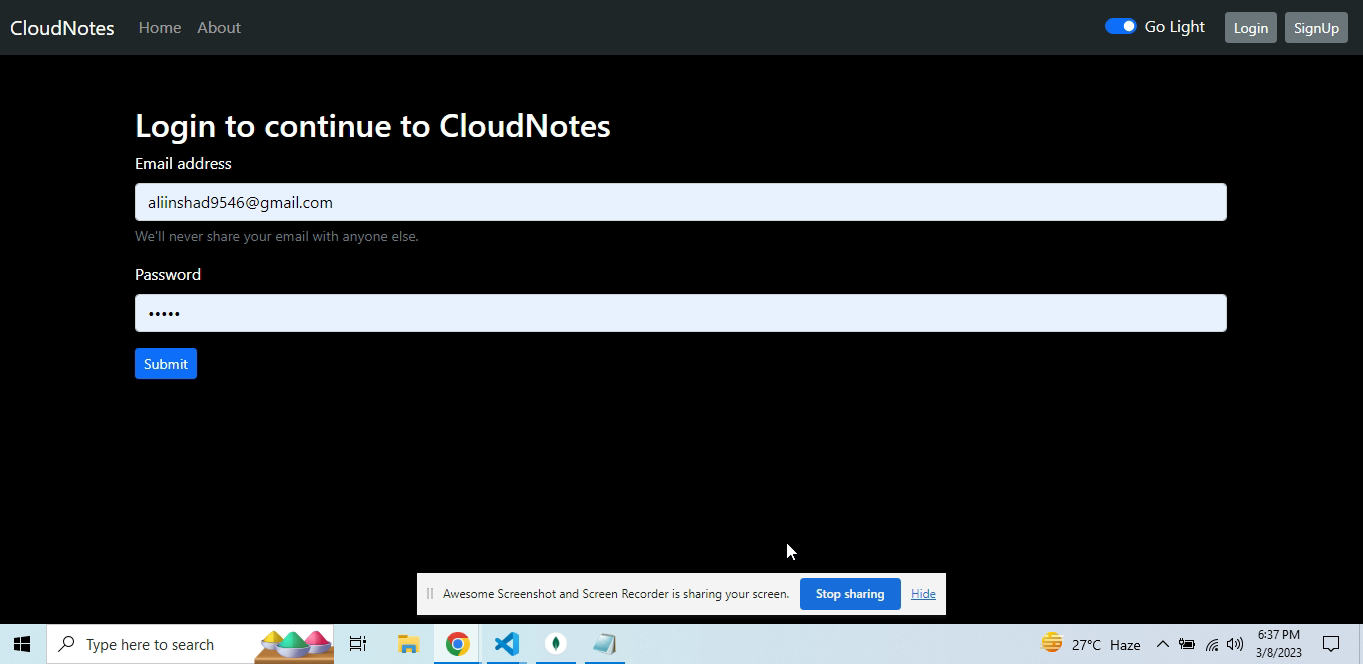 CloudNotes Login Page Dark