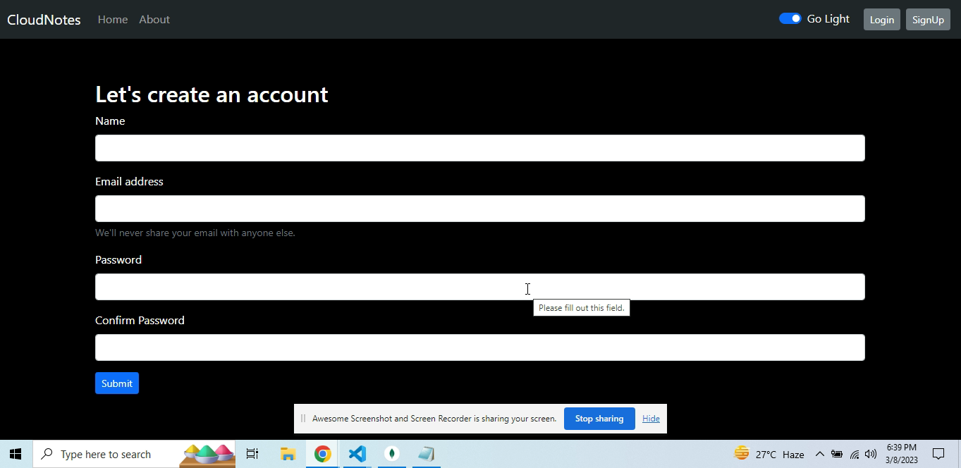 CloudNotes SignUp Page Dark