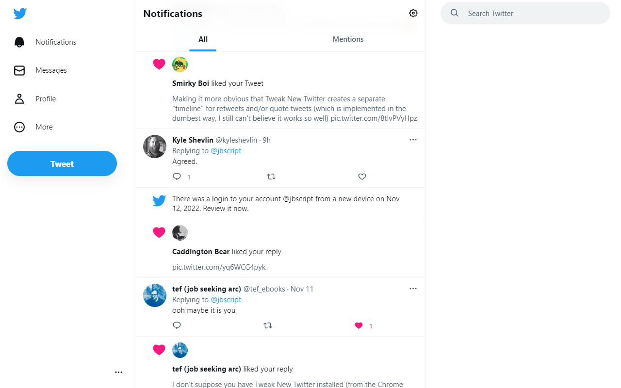 Screenshot of Twitter without the Home navigation item