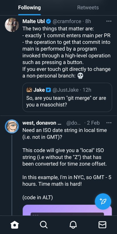 Screenshot of a Twitter timeline in Firefox on Android with the action bar below each tweet completely missing