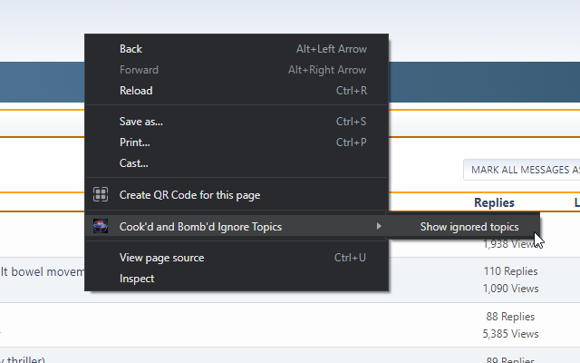 Screenshot of the 'Show ignored topics' menu item in Chrome