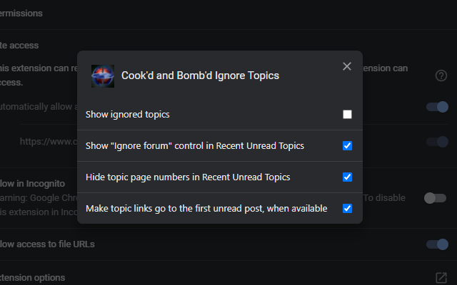 Screenshot of the extension options in Chrome