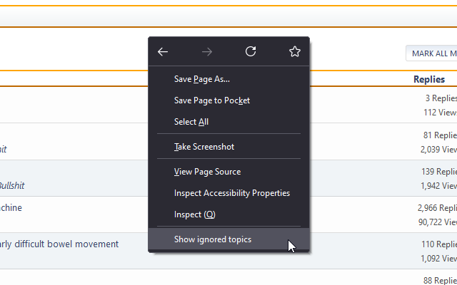Screenshot of the 'Show ignored topics' menu item in Firefox