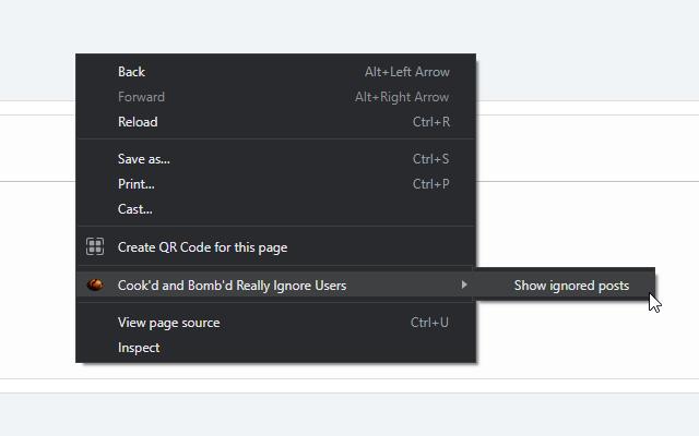 Screenshot of the 'Show ignored posts' menu item in Chrome