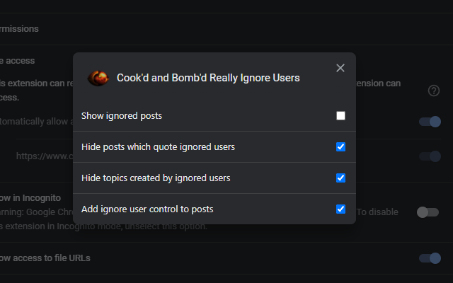 Screenshot of the extension options in Chrome