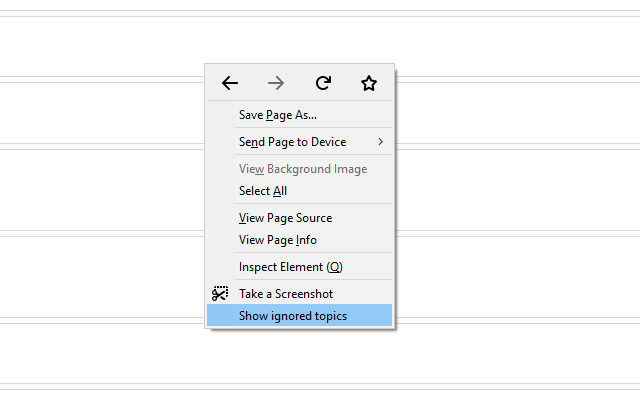 Screenshot of the 'Show ignored topics' menu item in Firefox