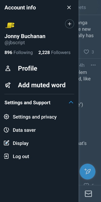 Screenshot of the slide-out menu on mobile Twitter, with most of the menu items removed and a new "Add muted word" menu item
