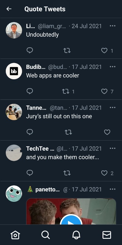 Screenshot of the improvements Tweak New Twitter makes to Quote Tweet pages on mobile, showing quote content only instead of repeating the quoted tweet in every tweet
