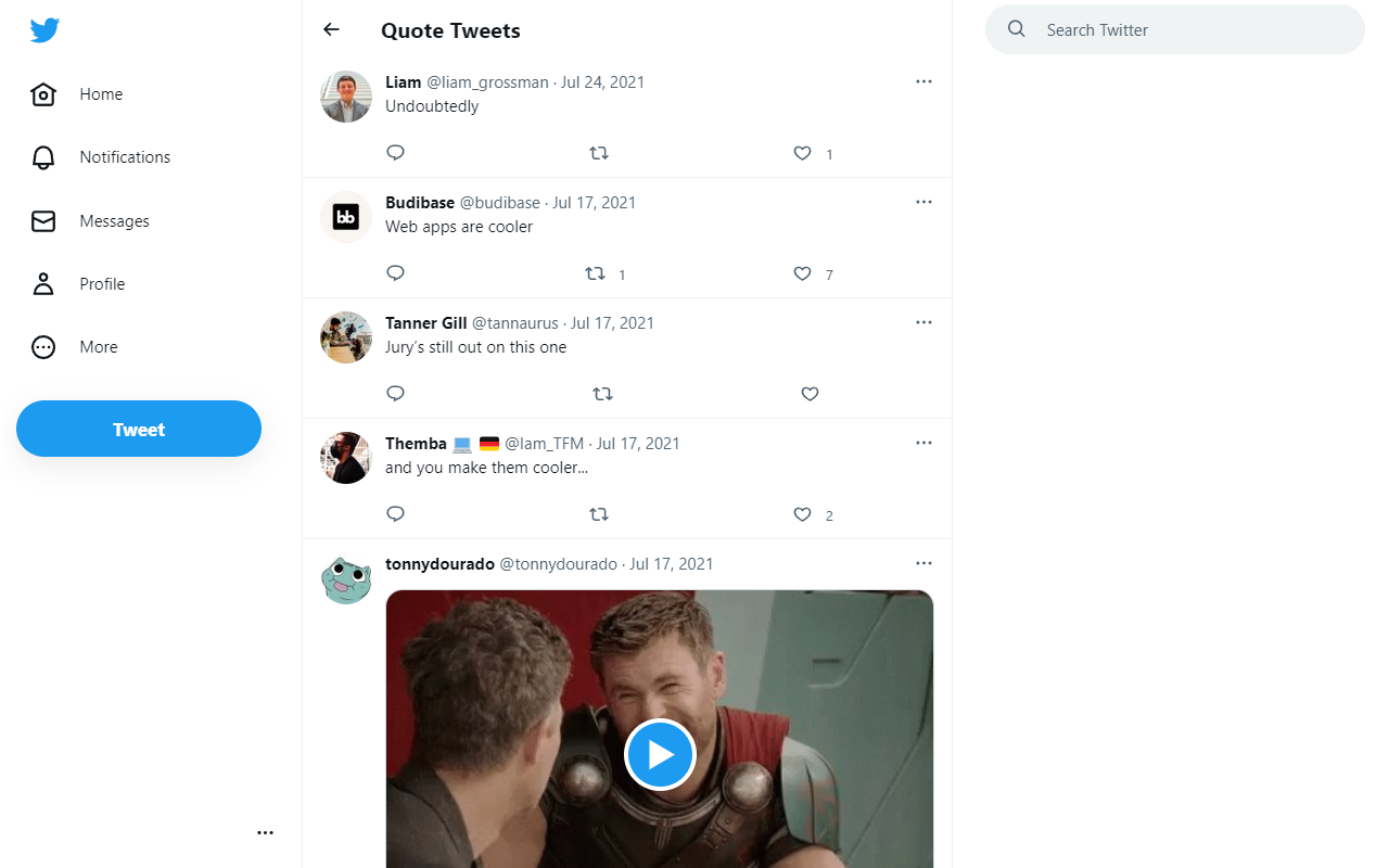 Screenshot of the improvements Tweak New Twitter makes to Quote Tweet pages on desktop, showing quote content only instead of repeating the quoted tweet in every tweet