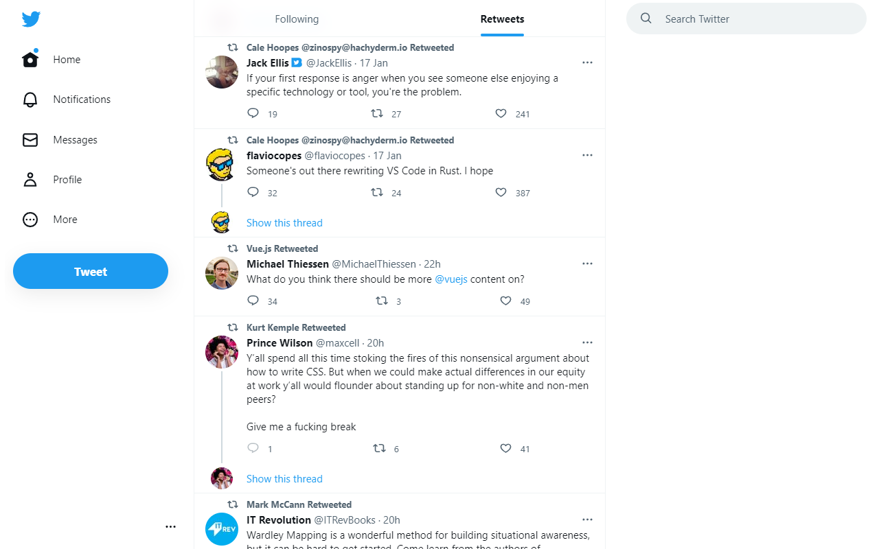 Screenshot of the separate timeline Tweak New Twitter adds to desktop Twitter, configured to separate Retweets from the rest of the home timeline