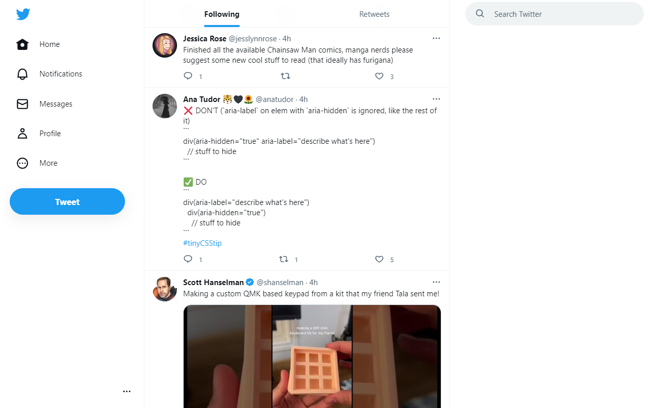 Screenshot of a New Twitter timeline without retweets, sidebar content, nav links which can be hidden and a less distracting nav style