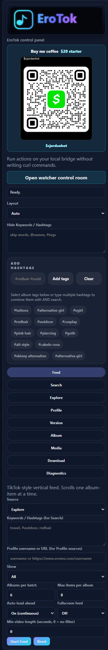 EroTok support QR and hashtag controls
