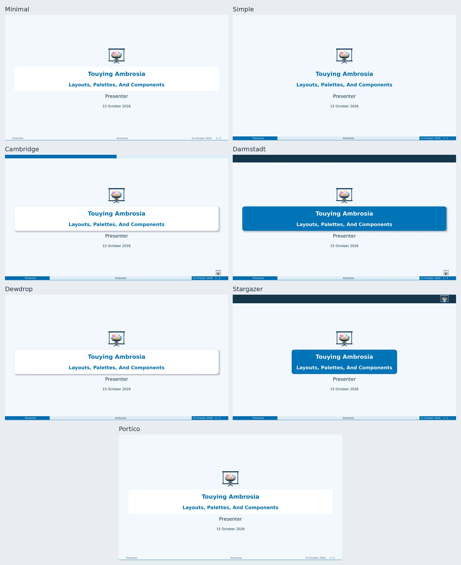 The seven title-slide layouts using the same content and palette