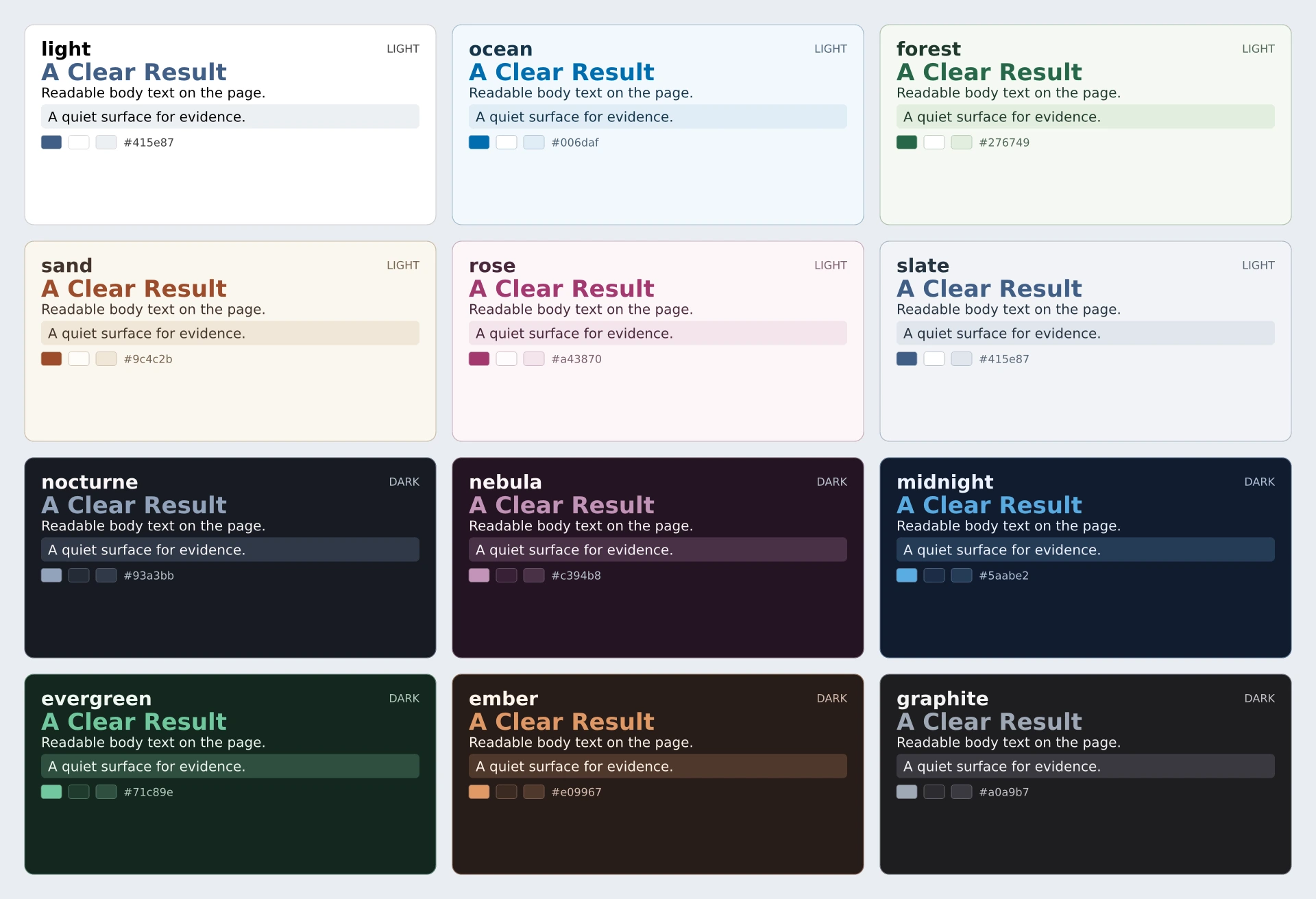 Twelve palette cards comparing light and dark backgrounds, text, accents, and surfaces