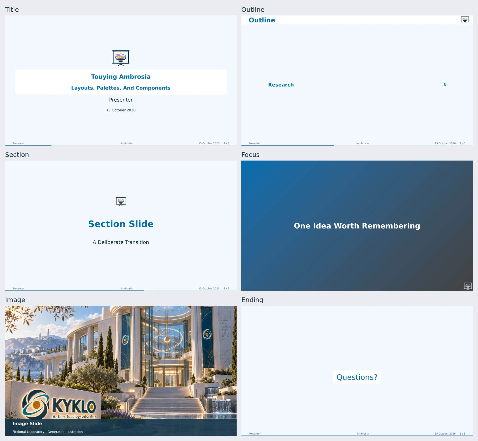 Title, outline, section, focus, image, and ending slide examples