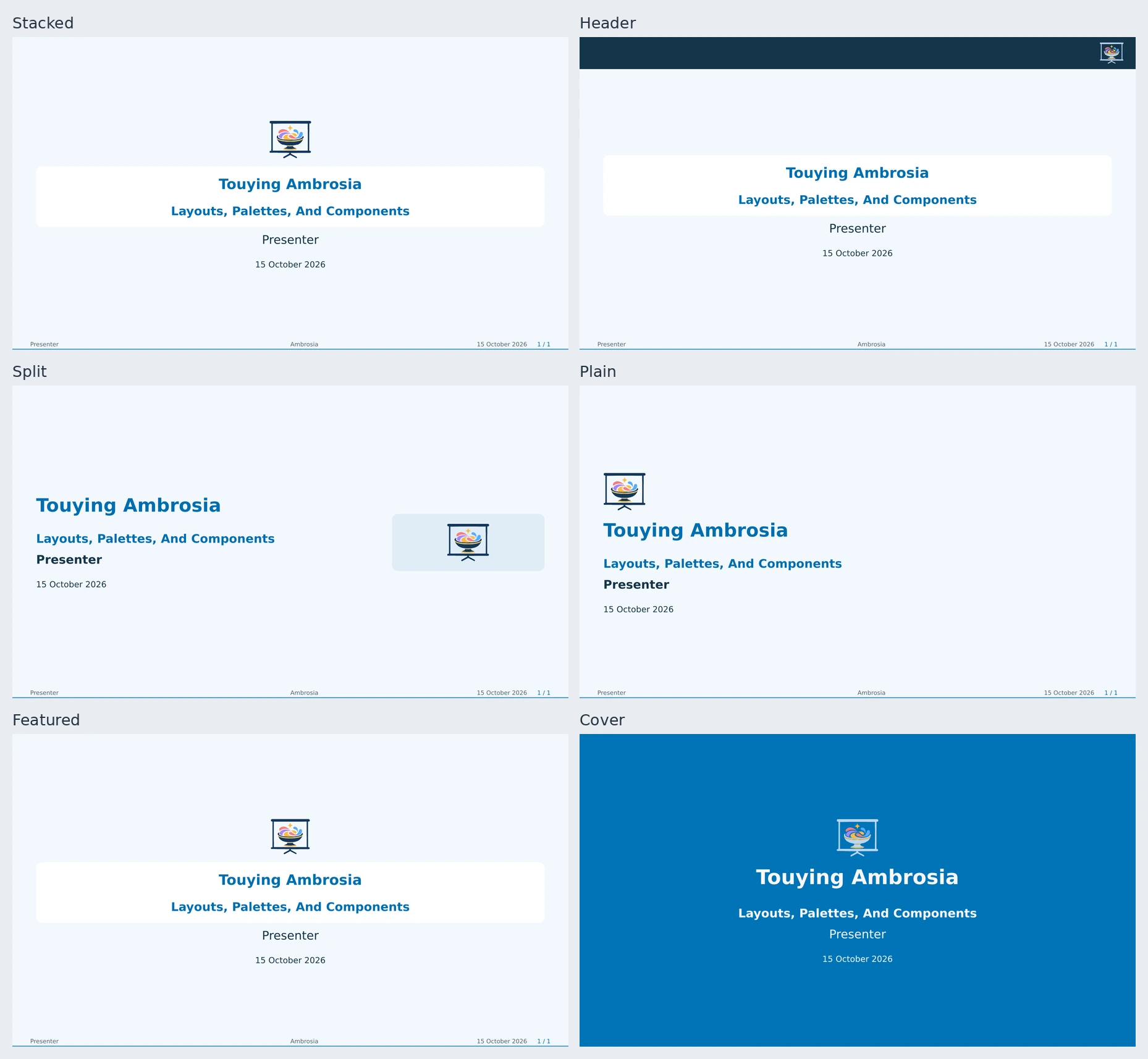 Stacked, header, split, plain, featured, and cover title layouts with the same metadata and project logo