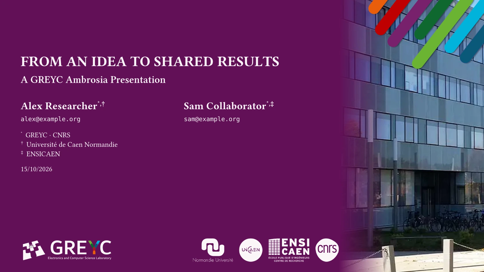 GREYC legacy title slide with the laboratory photograph, linked authors, and institutional logos