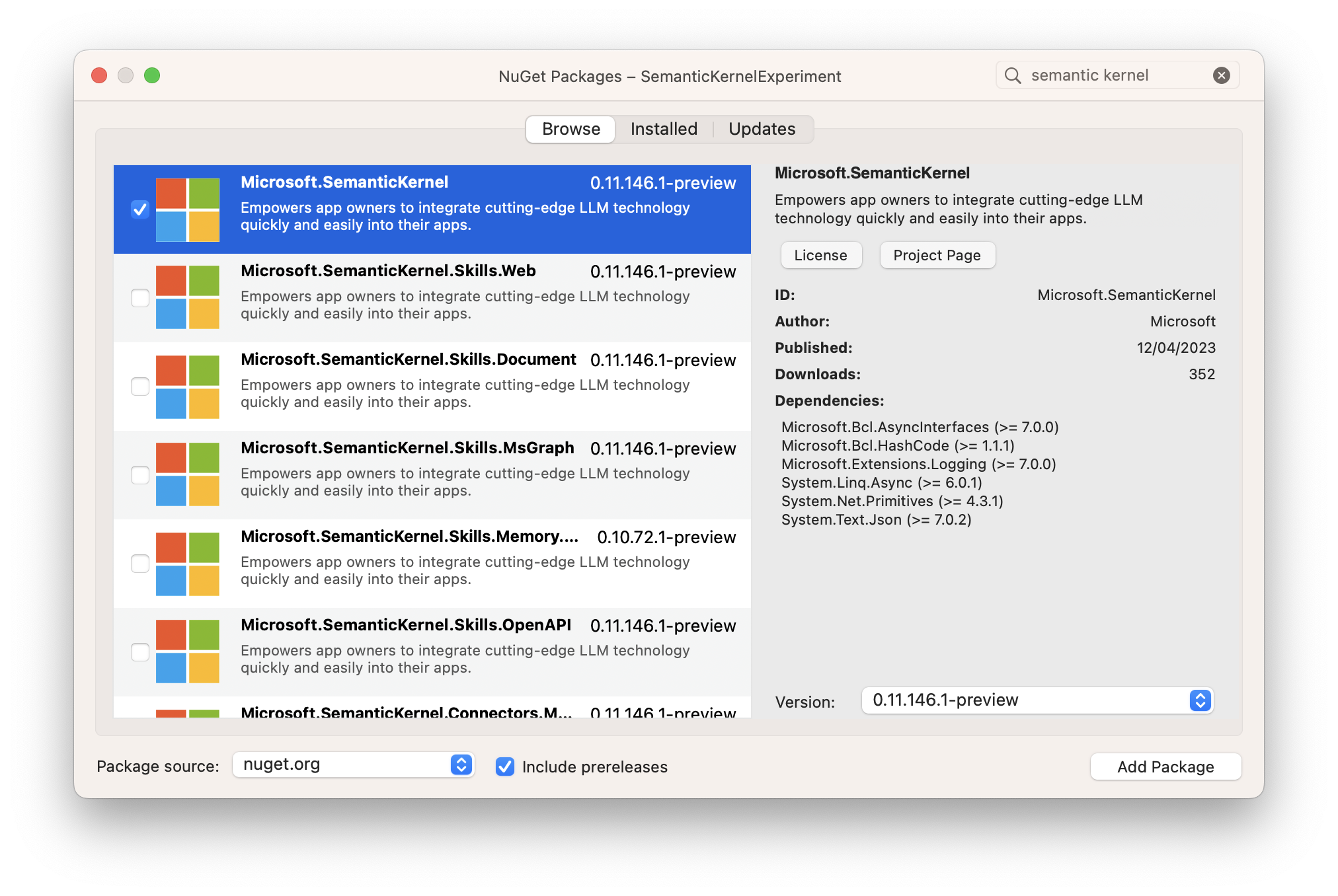 The NuGet package selector - it's showing the Microsoft.SemanticKernel package, and at the bottom of the window, the 'include prereleases' option is selected.