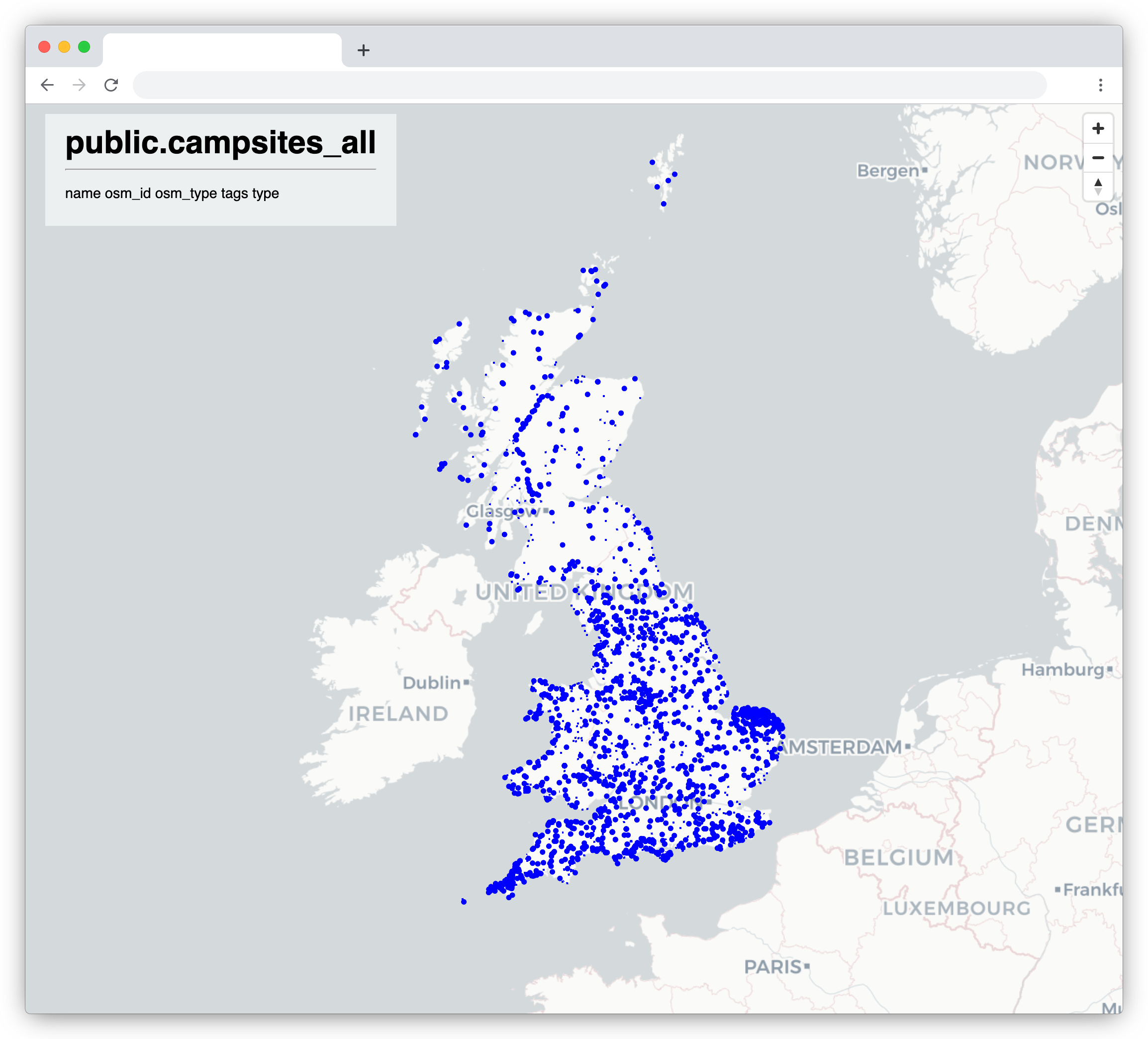 A screenshot of a browser, showing a map of the UK with blue highlights indicating all the known campsites