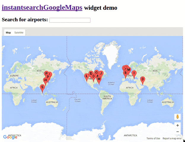 Demo of the instantsearchGoogleMaps widget