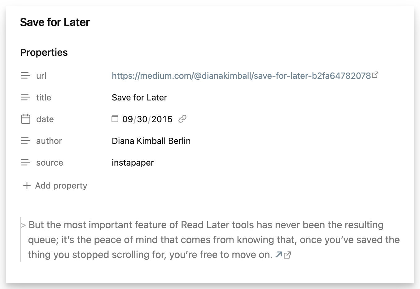 Synced Instapaper note in Obsidian