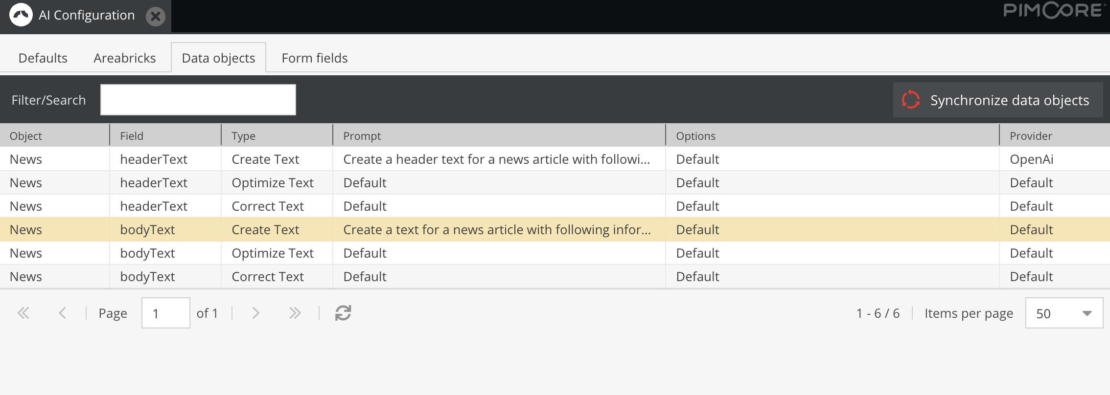 Admin module data objects