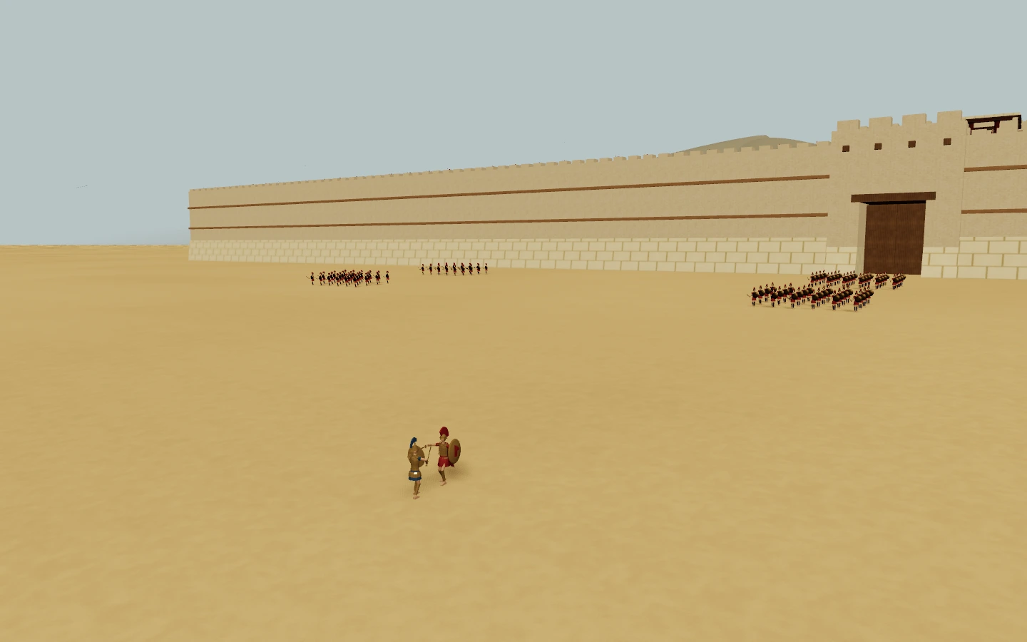 Achilles and Hector outside Troy's gate, with army formations behind them