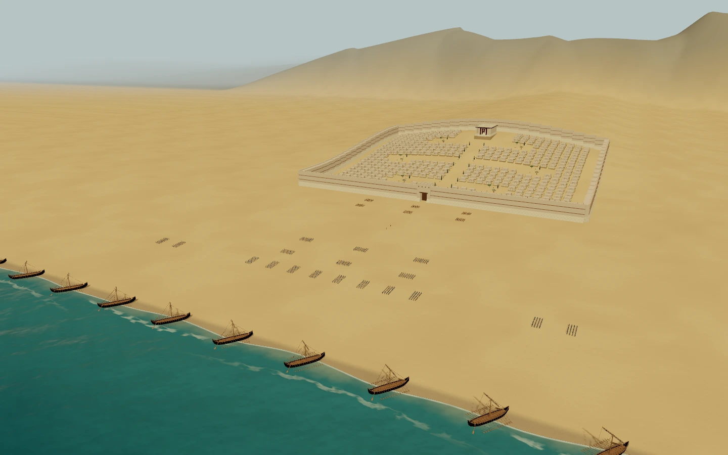 Troy's walled city, army formations and fleet along the coast
