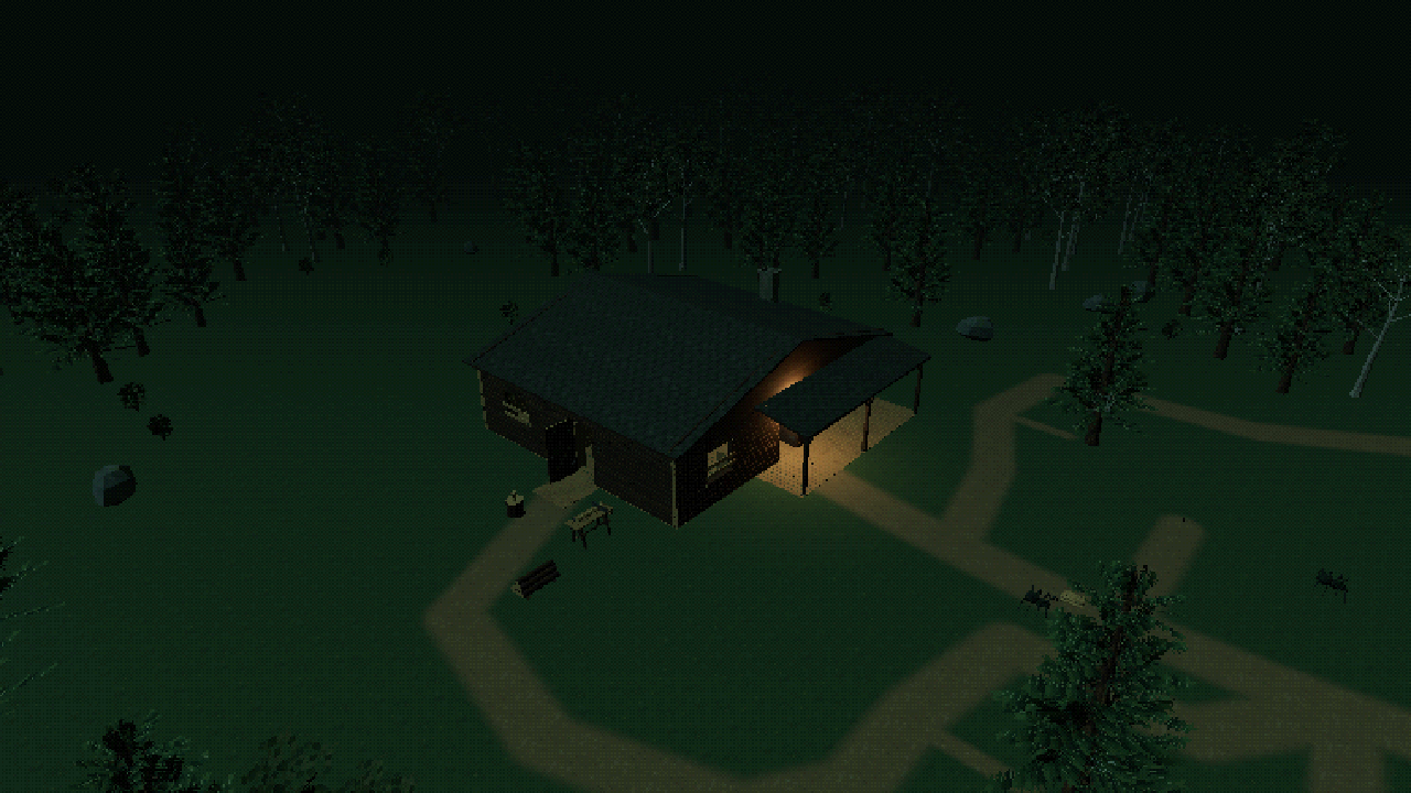 The cabin and woodland with a warm porch light