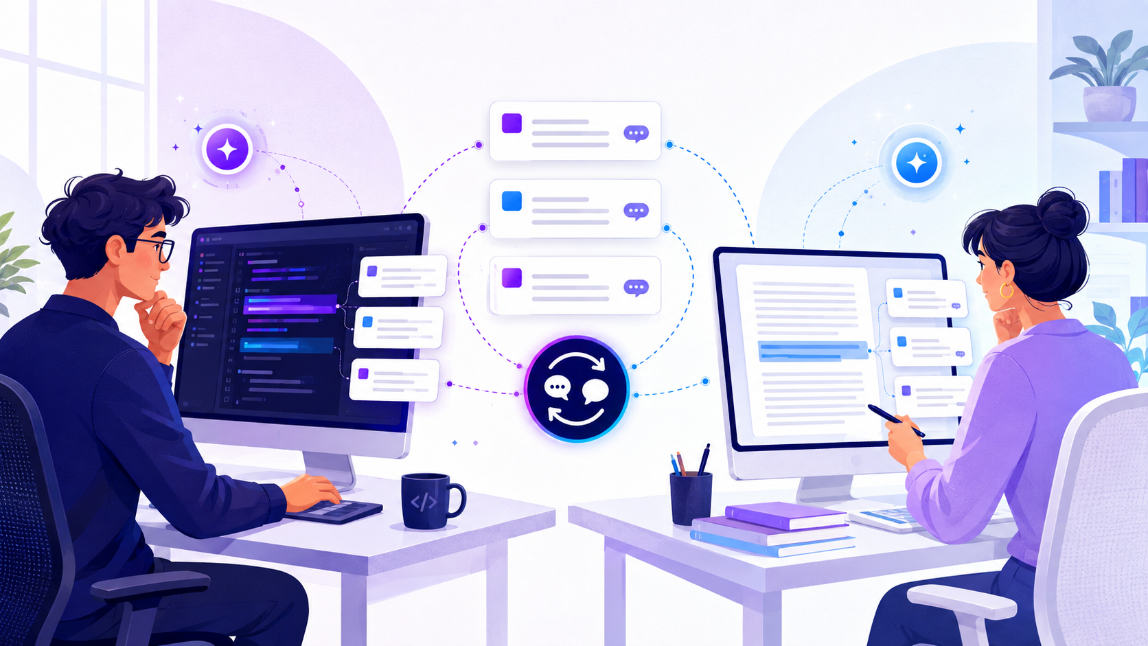 A developer and a writer using the same Sideband Comments workflow