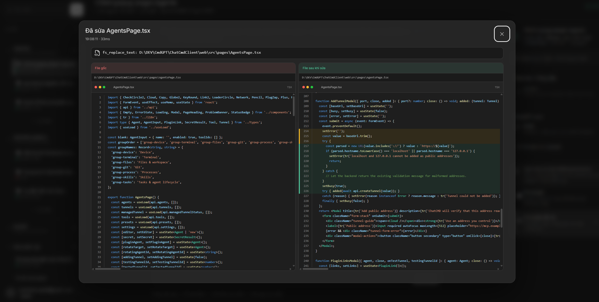 ChatCMD side-by-side source file diff viewer