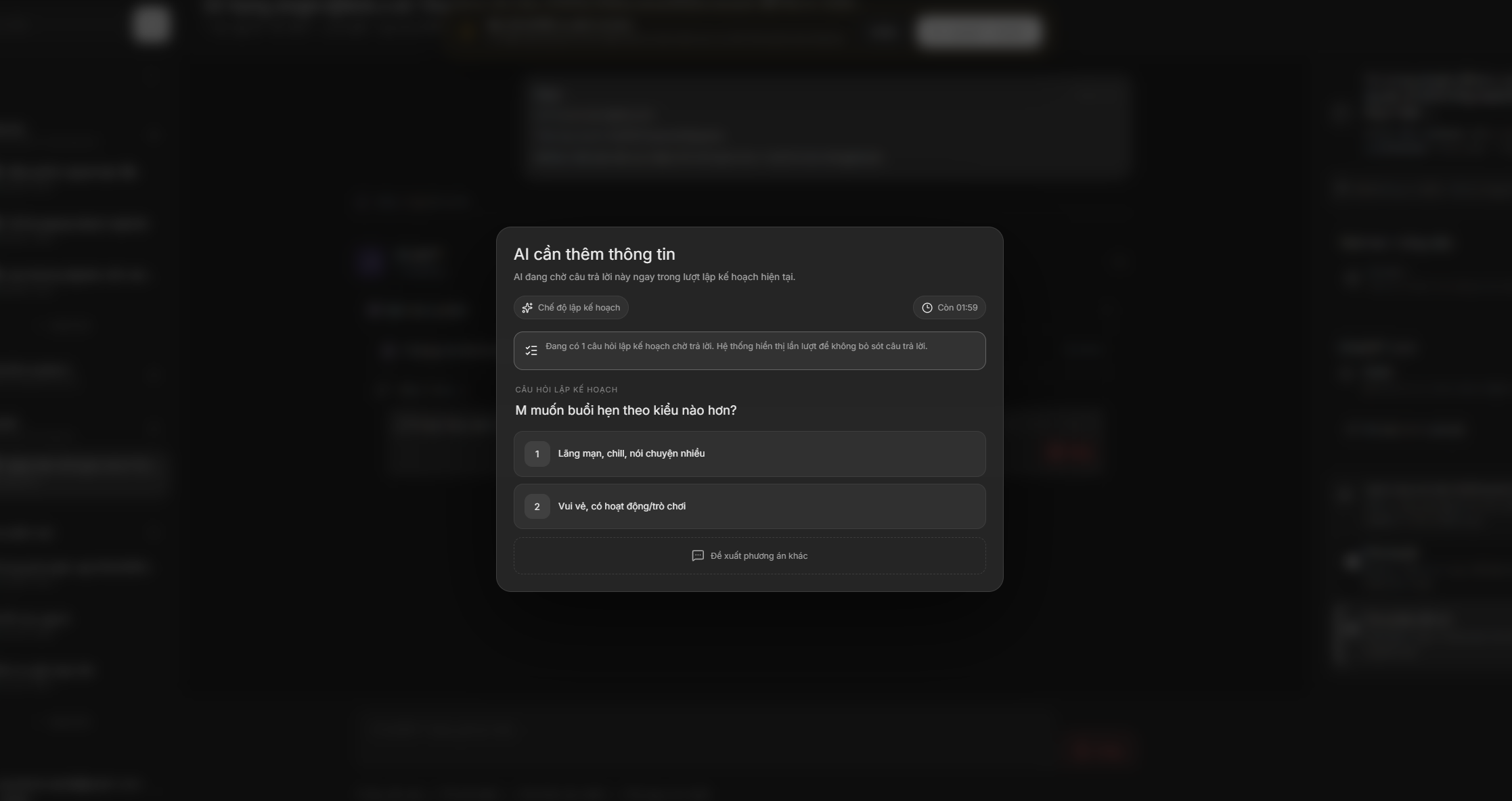 ChatCMD plan-mode question dialog with two choices and a custom answer option