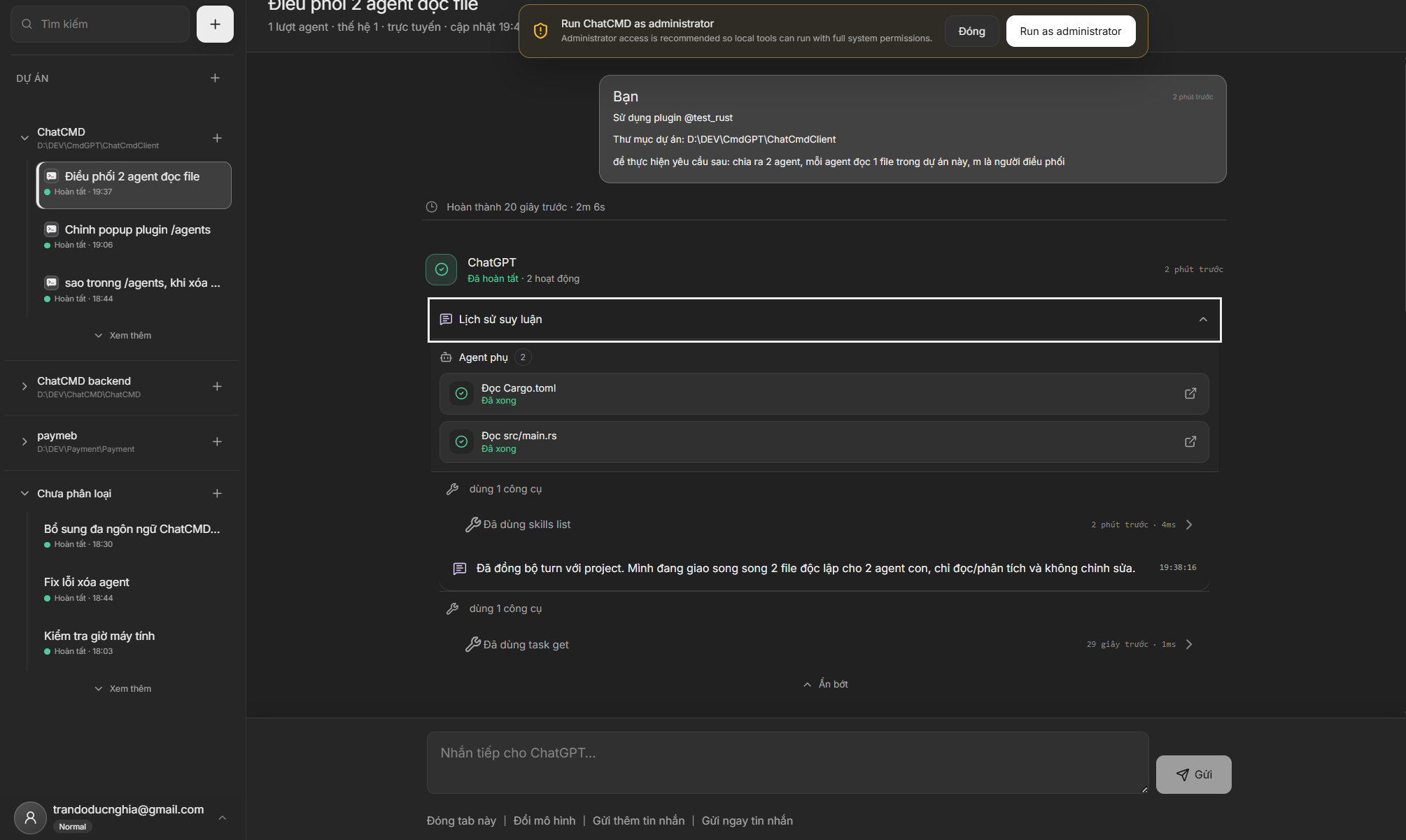 ChatCMD timeline showing two completed sub-agent tasks