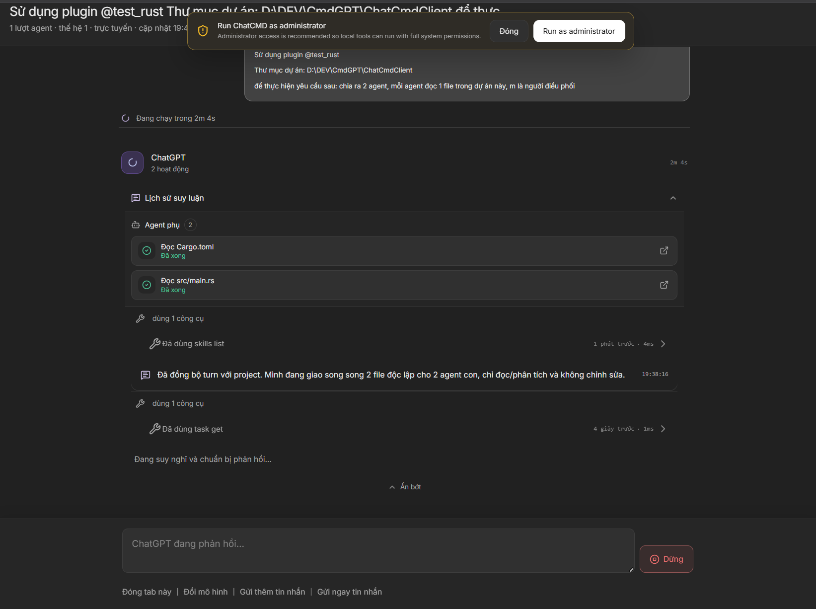 ChatCMD task running two sub-agents in parallel