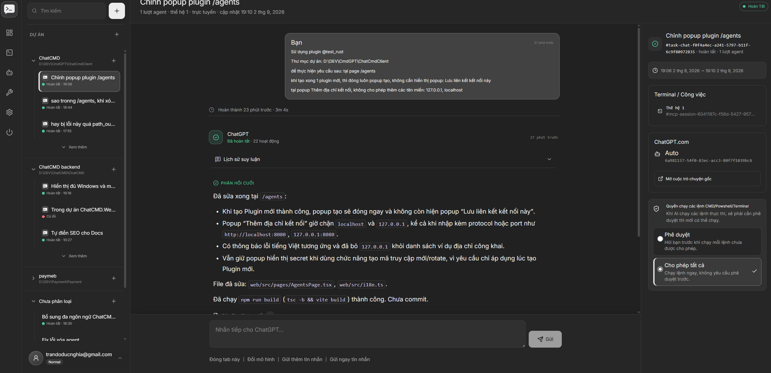 ChatCMD task workspace showing a completed ChatGPT response and task details