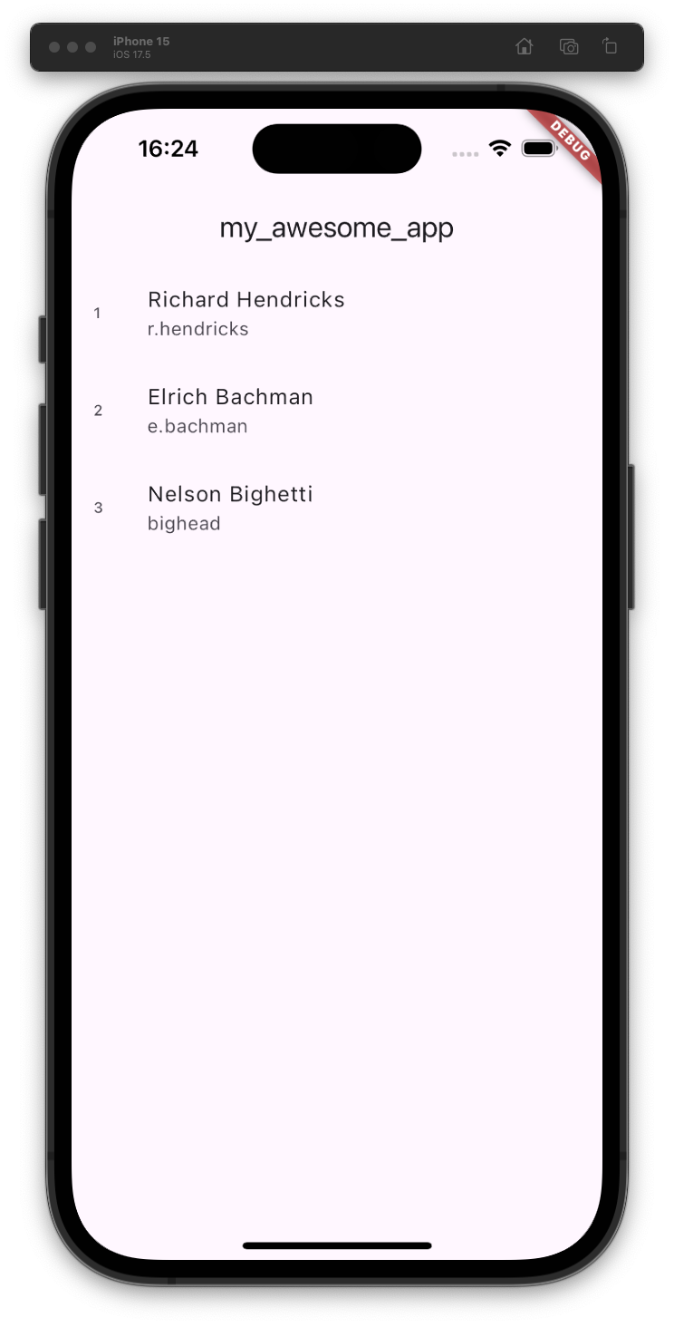 Flutter application displaying a list of users