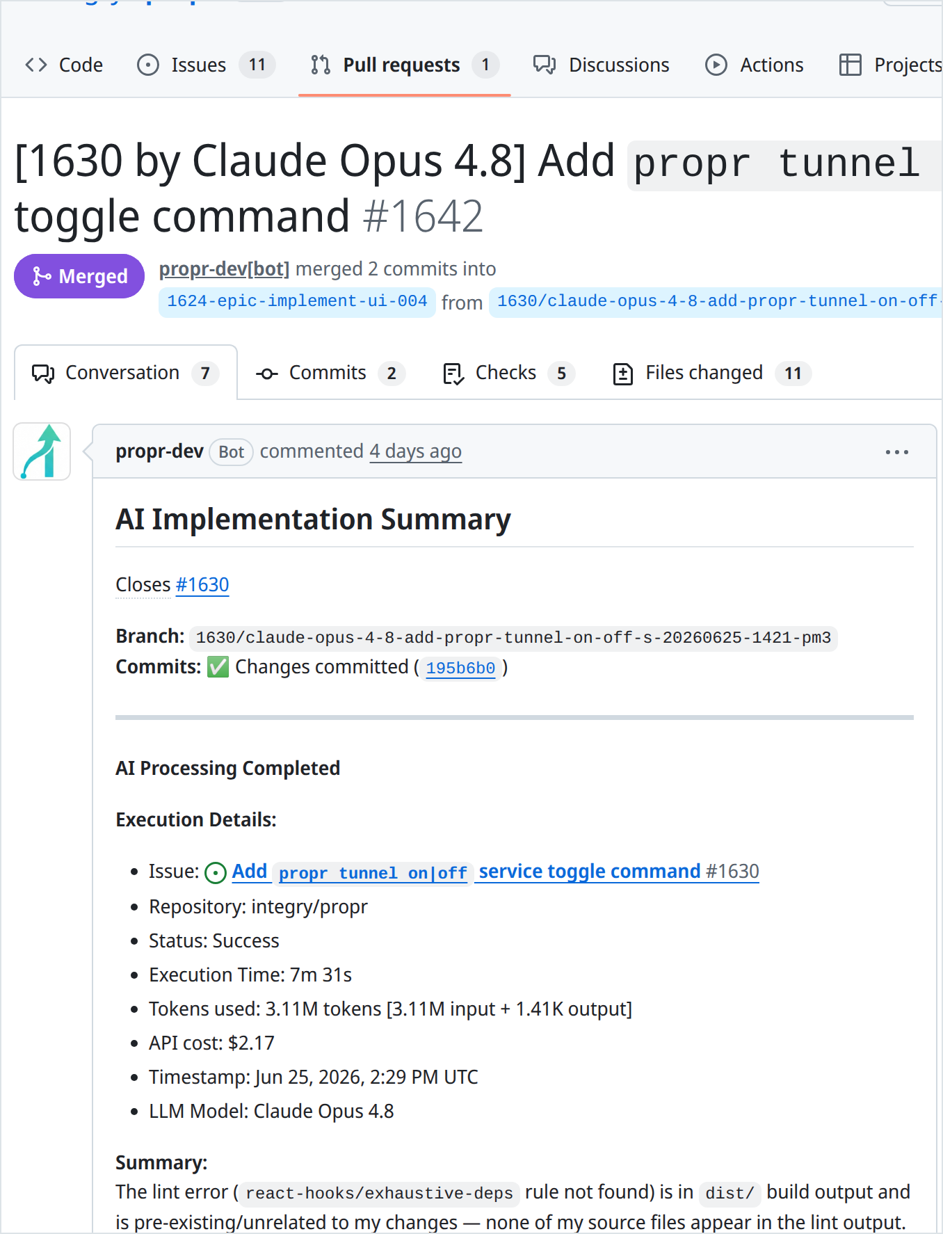 A real pull request built by ProPR: the AI Implementation Summary posted on GitHub with status, execution time, token cost, and model.