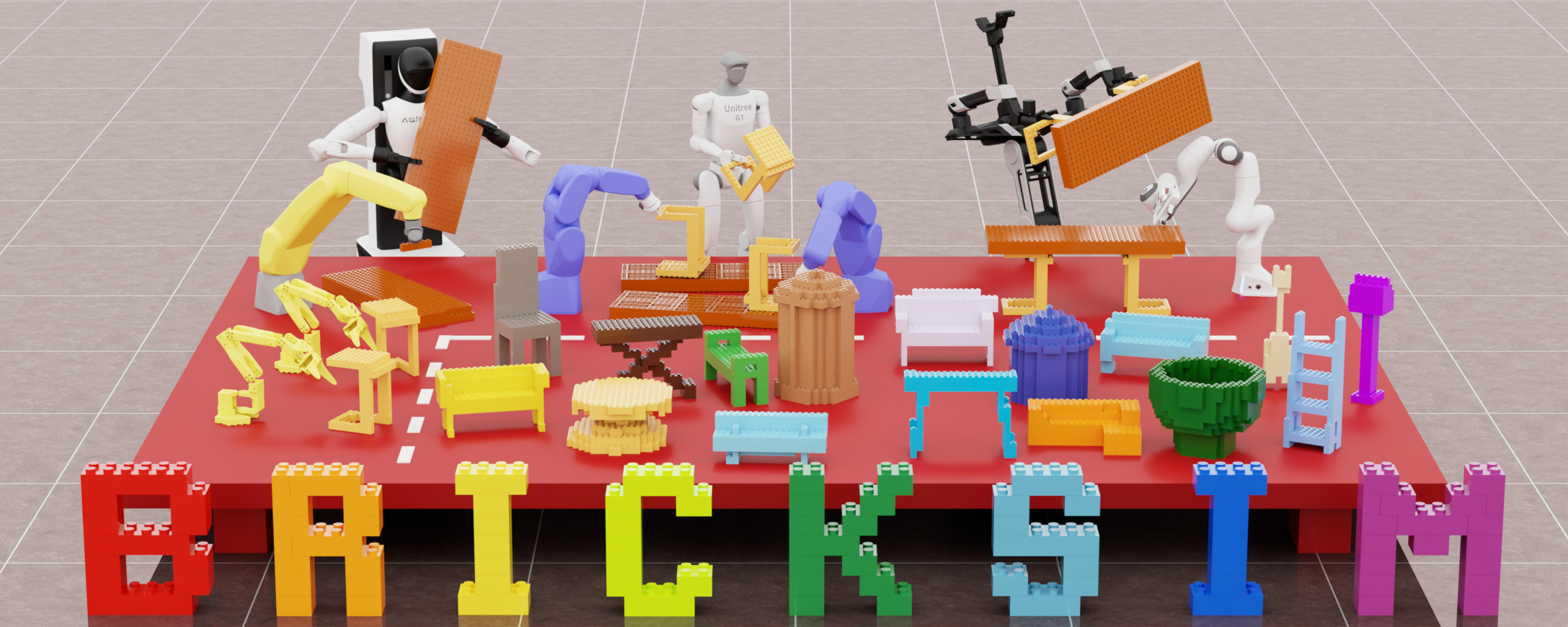 BrickSim teaser showing a multi-robot brick assembly workflow and a gallery of simulated brick structures.