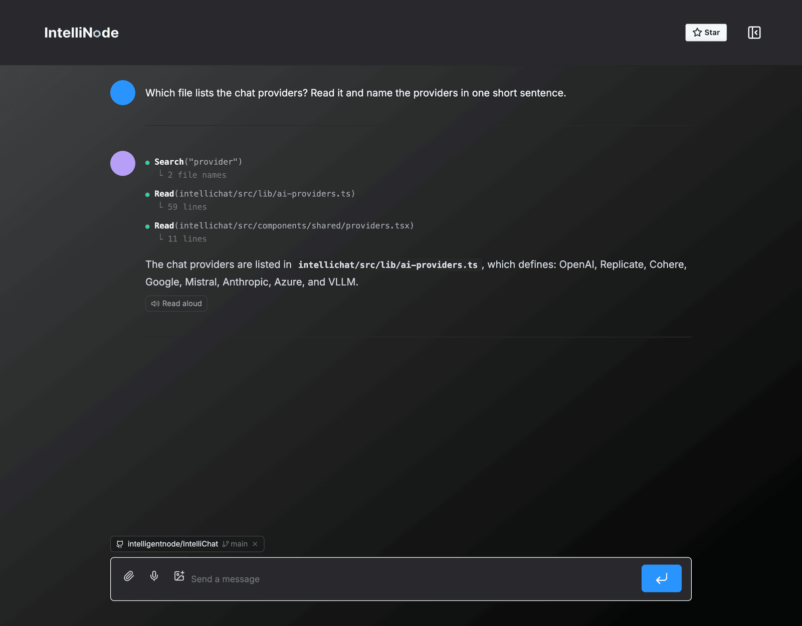 The assistant reading a connected GitHub repo step by step