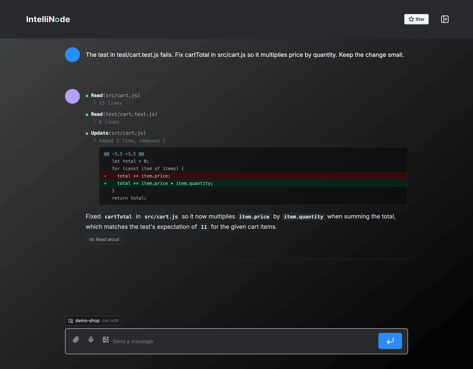 The assistant fixing a local file and showing the diff