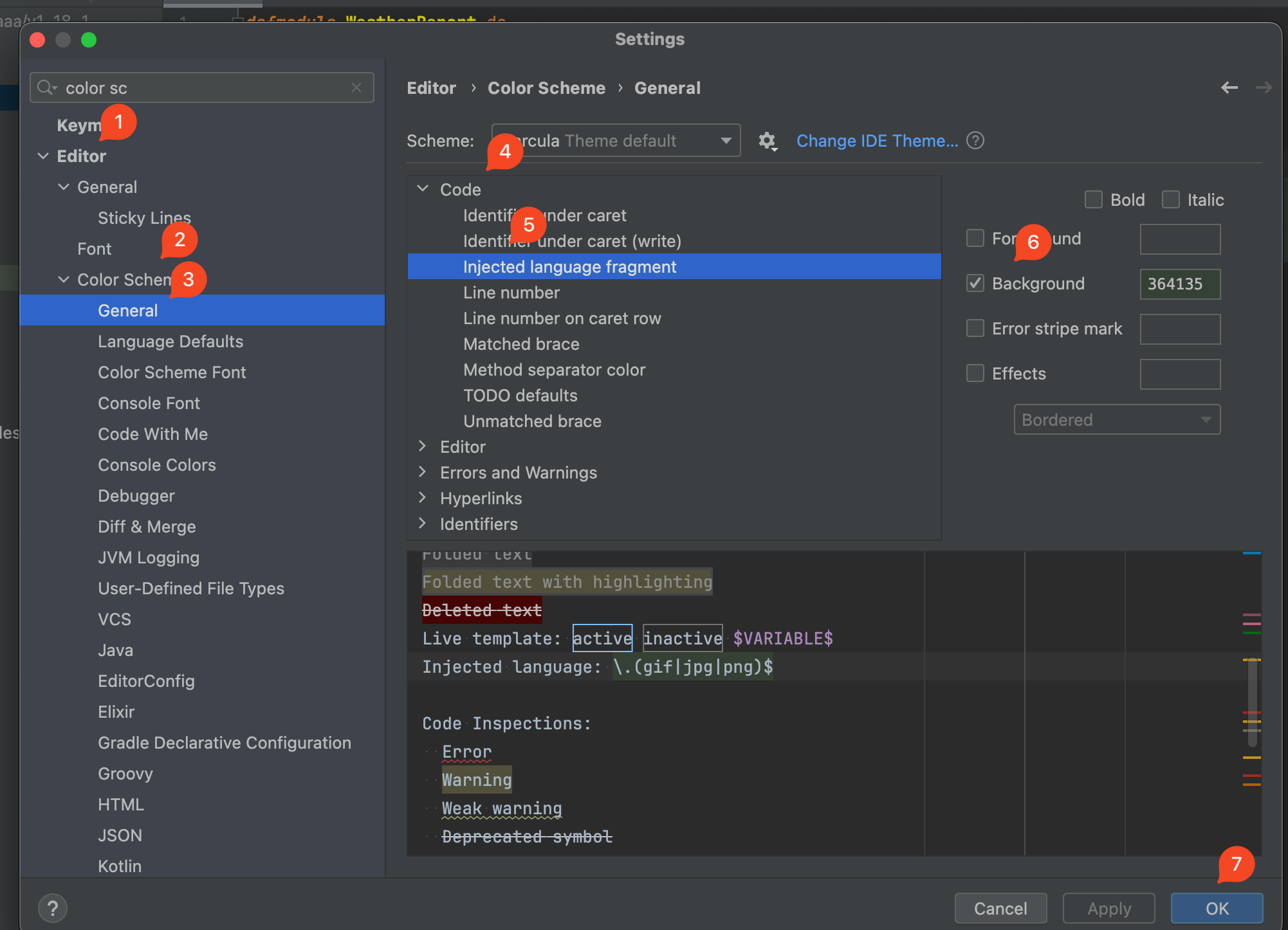 Color Settings How to remove the green background for Injected languge support