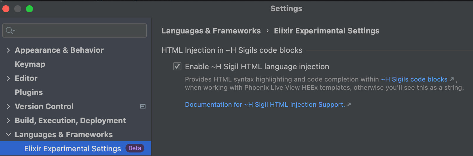 Elixir Experimental Settings UI Settings | Languages & Frameworks | Elixir | Experimental Settings