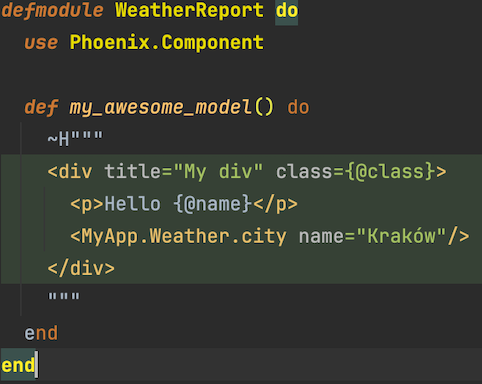 HEEx language injection for syntax highlighting and component navigation in the ~H sigil ~H now shows with HEEx language injection
