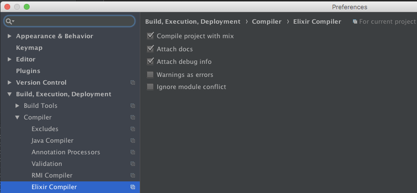 Elixir Compiler Settings Build, Execution, Deployment > Compiler > Elixir Compiler