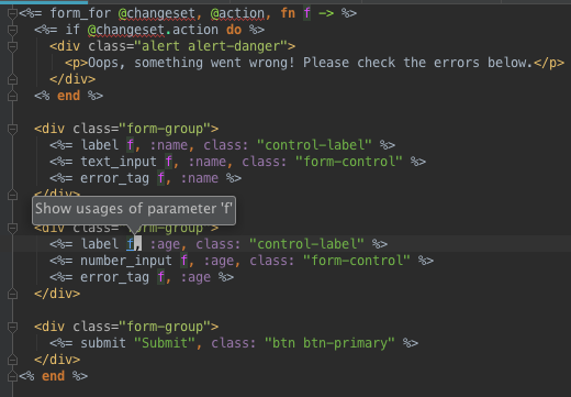 `f` parameter to `fn` passed to `form_for` is highlighted in pink, the parameter highlight color Parameter Usage in Form Template