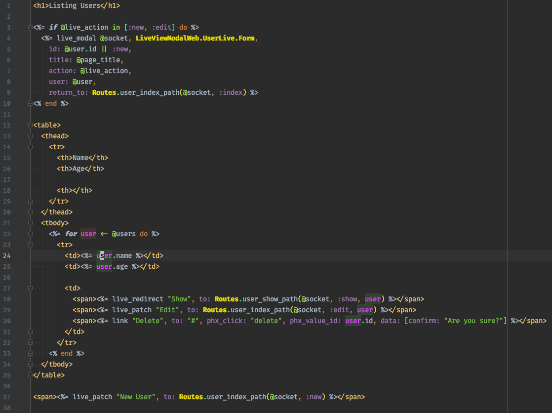 `lib/*_web/live/user_live/index.html.leex` from `mix phx.gen.live Accounts User users name:string age:integer` Index