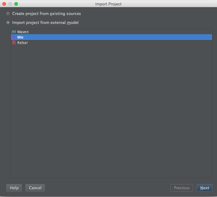 Import Mix Project File > New Project > From Existing Sources > Import project from external model > Mix