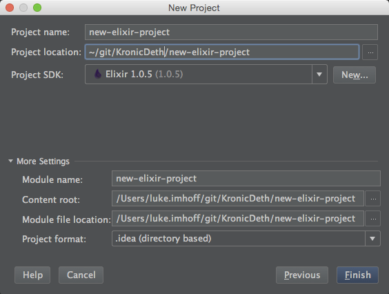 New Elixir Project Settings File > New > Project > Settings